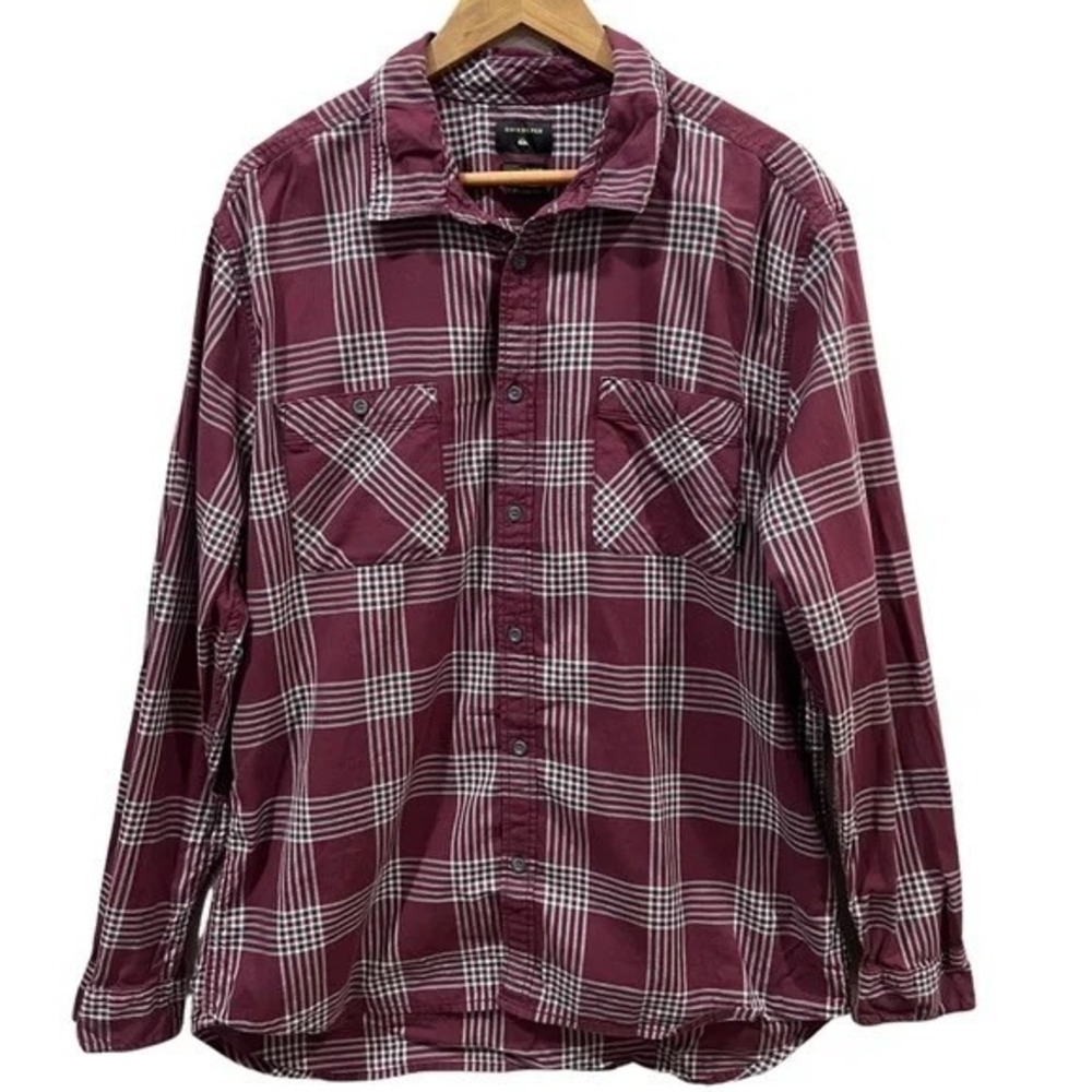 Quiksilver Men Plaid Button Down Shirt Burgundy White Modern Fit 2XL Long Sleeve